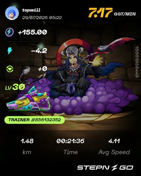 A gameplay screenshot from the mobile game 'STEPN GO' showing a level 36 character on purple grapes, with stats including a hash rate of '7.17 GGT/MIN', +155.00, and trainer ID #856432352.