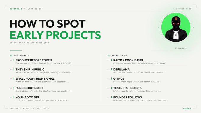 An infographic titled 'HOW TO SPOT EARLY PROJECTS' from BIGSNOW_0 / ALPHA NOTES, listing signals like 'PRODUCT BEFORE TOKEN' and resources such as KAITO, COOKIE.FUN, DEFILLAMA, GITHUB, TESTNETS + QUESTS, and FOUNDER FOLLOWS.