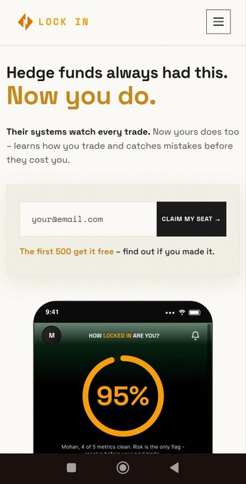 A mobile landing page for "LOCK IN" stating "Hedge funds always had this. Now you do." with an email signup field, a "CLAIM MY SEAT" button, and a phone mockup displaying "95%" and "HOW LOCKED IN ARE YOU?" with a message reading "Mohan, 4 of 5 metrics clean. Risk is the only flag."