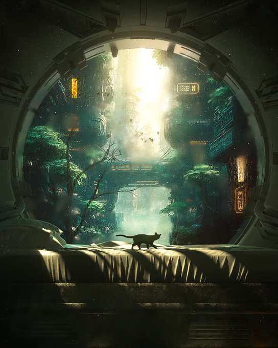 A digital artwork showing a black cat silhouetted on a bed in a futuristic, overgrown cityscape viewed through a large circular window, with glowing signs and a bright light beam piercing through the mist.