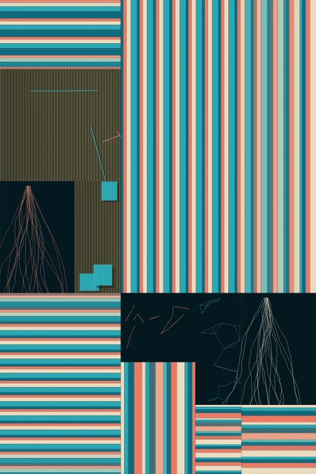 The image is a vibrant piece of generative art featuring vertical and horizontal striped patterns in teal, orange, white, and dark tones, interspersed with abstract line drawings resembling root-like or geometric forms within dark rectangular frames. It visually represents the NFT art piece described, showcasing the bold, algorithmic aesthetic that the post promotes.