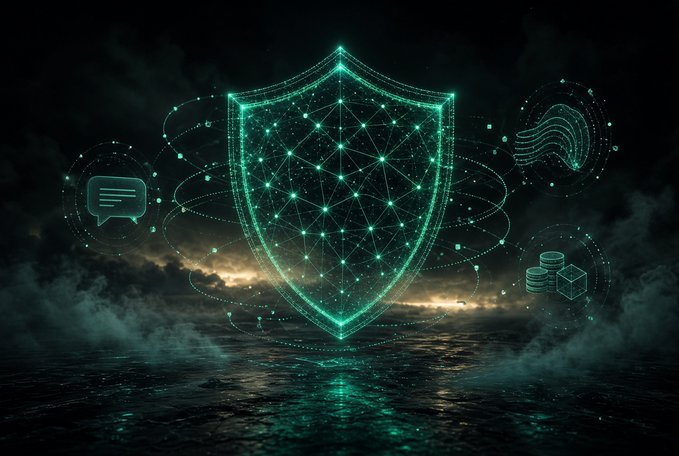 A digital graphic depicting a glowing green shield made of connected nodes and lines, surrounded by floating icons representing messages, a fingerprint, and data, set against a dark, smoky background.