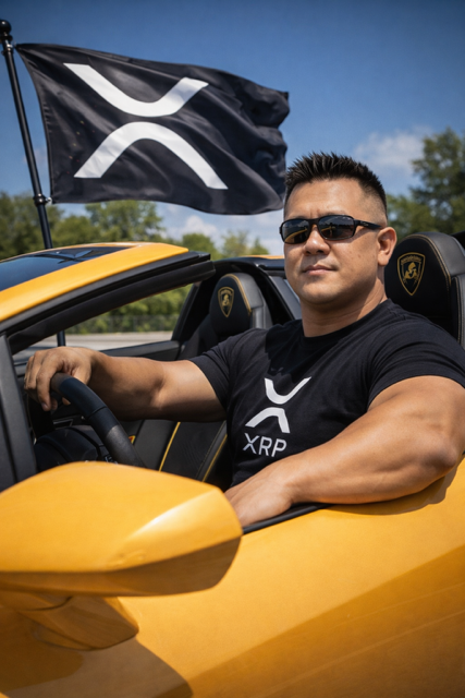 A man wearing sunglasses and a black "XRP" t-shirt sits in a yellow sports car with an XRP flag waving behind him, symbolizing a rallying call for crypto advocacy as referenced in the post urging support for the CLARITY Act.