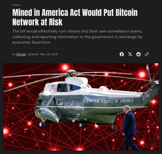 The image shows a helicopter with the words "MINED IN AMERICA ACT WOULD PUT BITCOIN NETWORK AT RISK" written above it, along with an explanation of how the act would affect Bitcoin mining networks. The text also mentions that the bill would distort the overall economic incentives for miners and capture U.S. based miners in a situation where they are dependent on associated loan or grant programs.