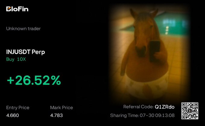 A BloFin trading screenshot shows an unknown trader achieving a +26.52% gain on a 10X long position in INJUSDT Perp, with entry at 4.660 and mark price at 4.783, shared via referral code Q1ZRdo at 07-30 09:13:08—celebrating the INJ take profit level 1 hit referenced in the post.