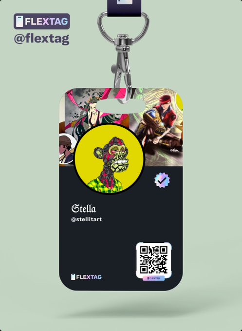 A digital 'FLEXTAG' lanyard displays a profile for 'Stella' (@stellitart), featuring an avatar of a brightly colored skull-like face and a QR code.