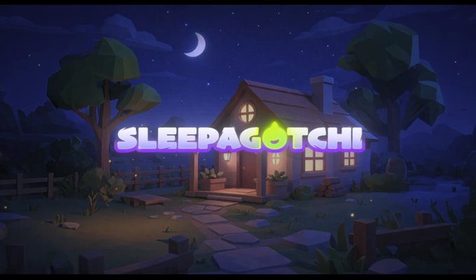 A digital illustration for 'SLEEPAGOTCHI' showing a cozy nighttime scene with a lit cottage, crescent moon, and stars in a low-poly art style.