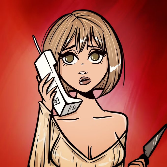 A digital illustration of an anime-style woman with short brown hair and large eyes, holding a vintage cordless phone to her ear while gripping a knife, set against a red background.