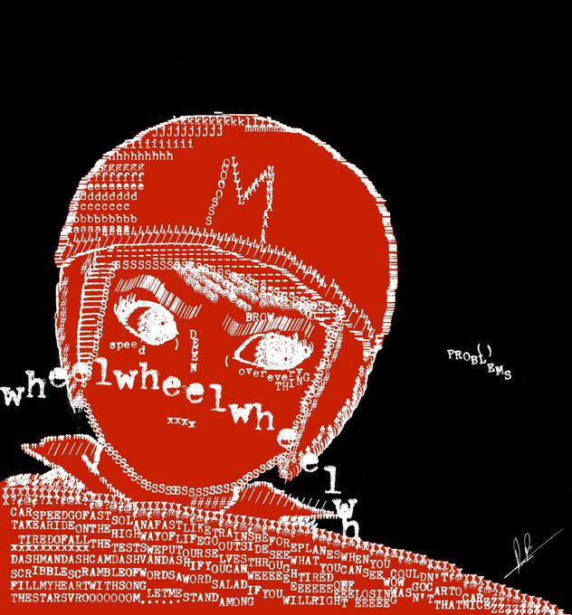 Red and white ASCII art depicting a person wearing a helmet and goggles with various strings of text and characters overlaid.