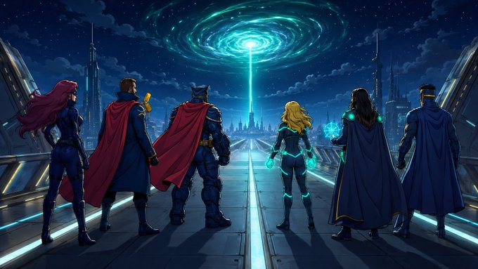 An illustrated fantasy landscape showing seven superheroes and warriors in capes standing on a bridge, gazing at a swirling green portal and a glowing futuristic city in the distance at night.