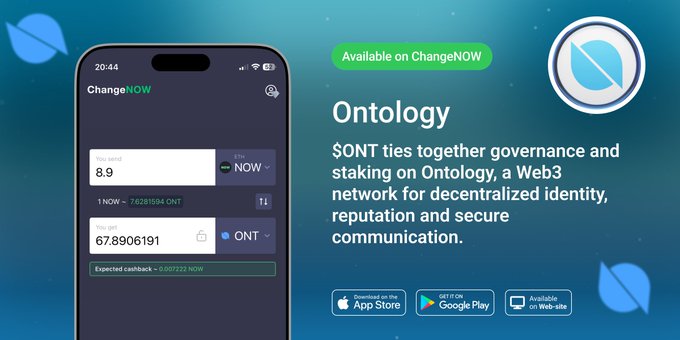 ChangeNOW promotional graphic announcing $ONT (Ontology) availability, featuring a smartphone screenshot showing a swap from 8.9 NOW to 67.8906191 ONT at a 1 NOW = 7.6281594 ONT rate, alongside text explaining $ONT's role in governance and staking on Ontology's Web3 decentralized identity network.