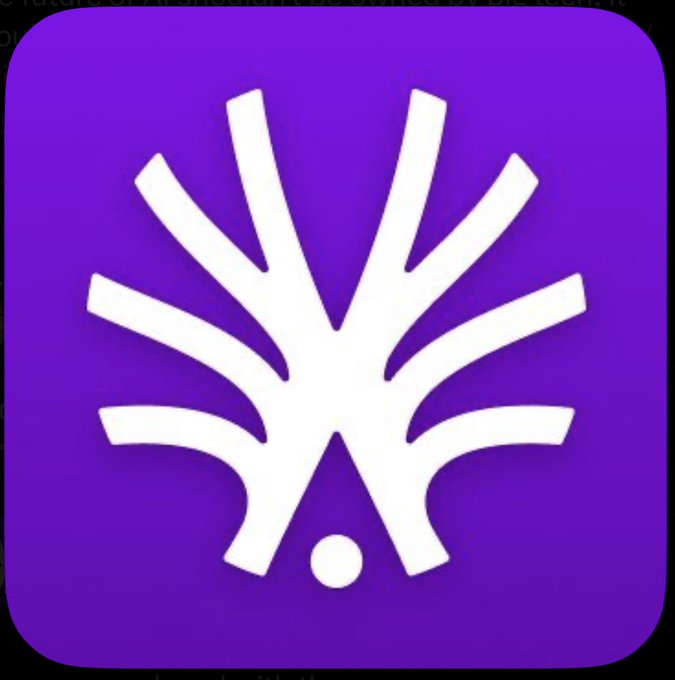 A purple square app icon featuring a stylized white tree-like or fan-shaped logo design.