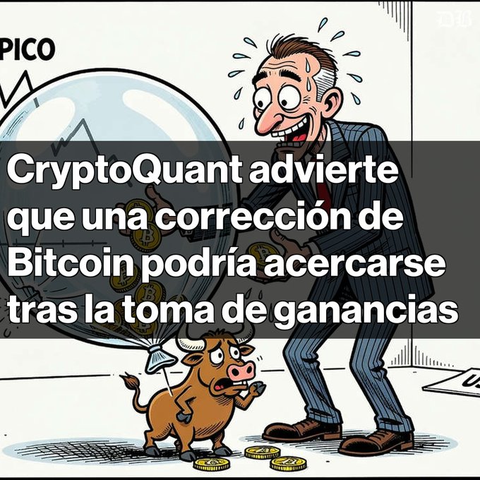 A cartoon illustration shows a sweating businessman carrying a sack of Bitcoin coins past a frightened bull, with Spanish text reading 'CryptoQuant advierte que una corrección de Bitcoin podría acercarse tras la toma de ganancias'.