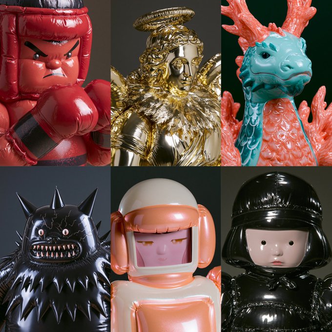 A grid of six glossy designer toy figures featuring various characters including a red martial artist, a golden angel, a teal dragon, a black spiky monster, a pink astronaut, and a black-helmeted figure.