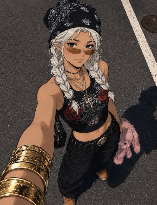 Anime-style illustration of a girl with silver braided hair, wearing a bandana, sunglasses, and a black floral crop top, taking a selfie on a street while holding a pink bunny plush.