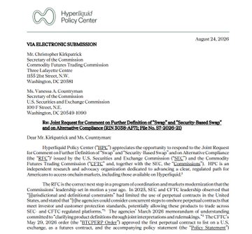Hyperliquid Policy Center memo dated August 24, 2026, addressing the SEC and CFTC on joint rule for perpetual contracts.