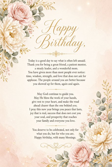 A decorative floral birthday card with a heartfelt message expressing gratitude to a friend, mentor, and 'wonderful mom,' and wishing them peace, success, and blessings.