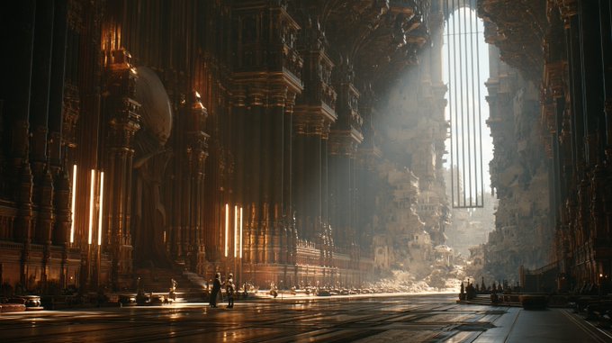 A dramatic digital artwork of a vast, ornate gothic cathedral interior with towering columns, golden light, and tiny figures standing on the floor.