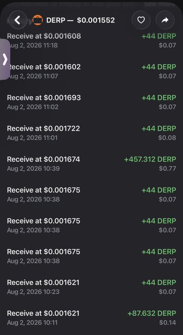 A mobile app transaction history for the DERP token showing a current price of $0.001552, with multiple receive entries ranging from +44 DERP to +457.312 DERP dated August 2, 2026.