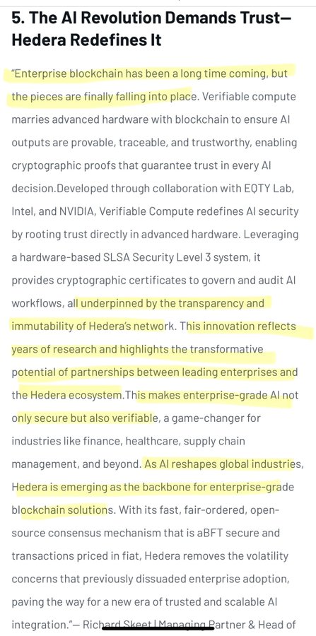 A screenshot of a text excerpt titled "5. The AI Revolution Demands Trust—Hedera Redefines It," featuring a highlighted quote from a Managing Partner & Head of [redacted] about how Hedera's verifiable compute technology, developed with EOTY Lab, Intel, and NVIDIA, provides cryptographic trust and immutability for enterprise-grade AI—directly tying into the post's $HBAR ticker by emphasizing Hedera's positioning as the backbone for trusted blockchain solutions.