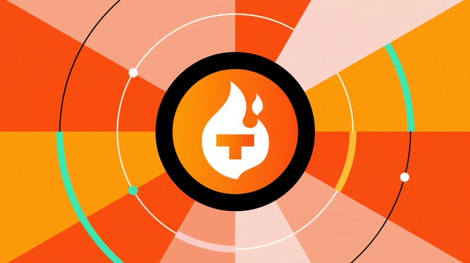 A graphic logo featuring a white flame with an orange 'T' inside a black circle, set against a radiating orange and red background with circular design elements.