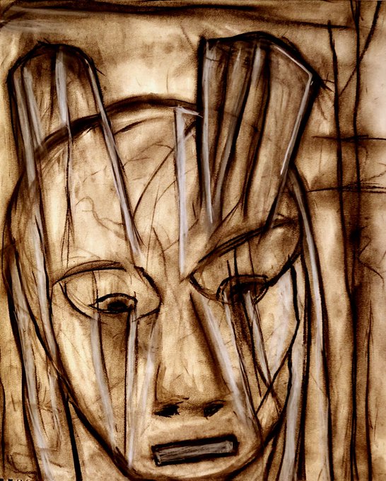 An abstract, charcoal-style sketch depicts a stylized face with elongated features and dramatic shading.