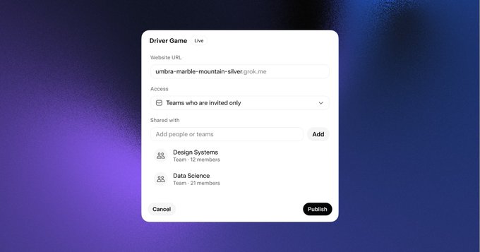 A modal window titled 'Driver Game' with 'Live' tag showing website URL 'umbra-marble-mountain-silver.grok.me', access set to 'Teams who are invited only', and shared with 'Design Systems' (12 members) and 'Data Science' (21 members), with Publish and Cancel buttons.