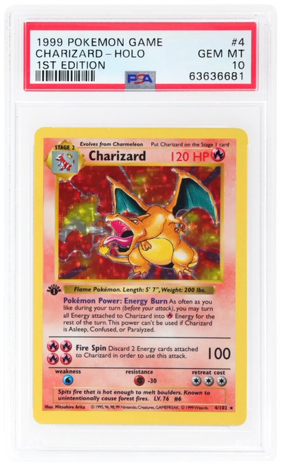 A PSA 10 GEM MT graded 1999 Pokémon Game Charizard Holo 1st Edition card (#4/102) with certificate number 63636681, featuring Fire Spin attack and 120 HP.