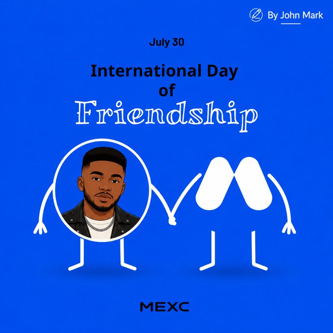 A bright blue graphic celebrating "International Day of Friendship" on July 30, featuring a cartoon-style illustration of two stick-figure characters—one displaying a Bitmoji avatar of a man in a black leather jacket and the other a generic white figure—holding hands, with "MEXC" branding at the bottom and a "By John Mark" credit in the top corner, promoting a MEXC community friendship challenge (UID: 66024389).