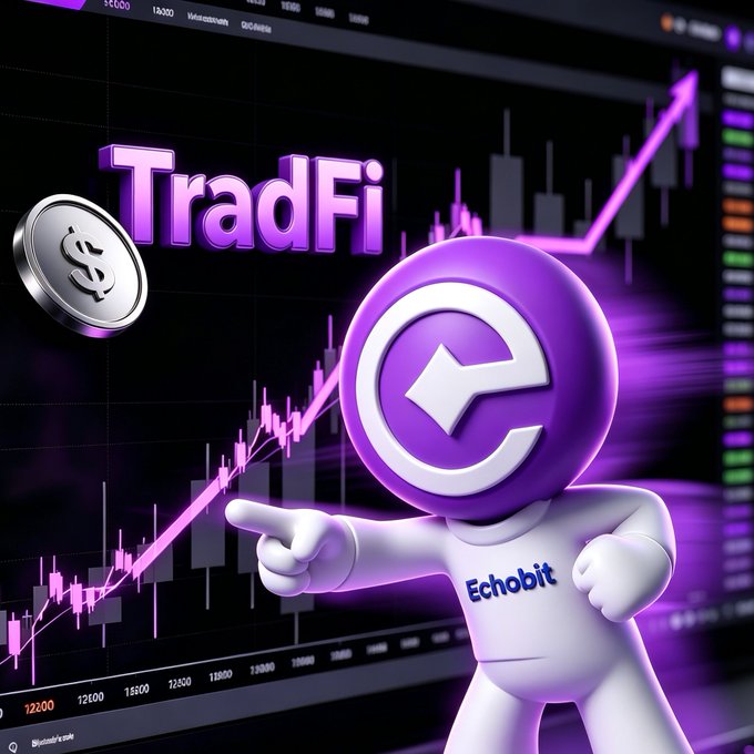 A purple 3D mascot for "Echobit" points toward an upward-trending stock chart alongside a silver coin, with "TradFi" displayed in bold purple text, illustrating the post's theme of bridging cryptocurrency and traditional stock market trading. The vibrant chart imagery reinforces the caption's message about expanded market access, spanning from BTC to NVIDIA.