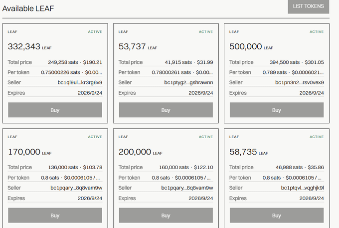 A LEAF token marketplace showing six active listings with prices ranging from 53,737 to 500,000 LEAF at approximately 0.75-0.8 sats per token, all expiring on 2026/9/24 across sellers bc1qglul, bc1ptyg, bc1pn3n, bc1pqary, and bc1pqtw. The image appears unrelated to the post, which discusses buying 90 ORDI and concerns about project fund transfers and FUD.