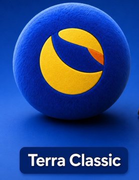 A blue fuzzy sphere features the yellow crescent moon logo of Terra Classic, labeled "Terra Classic" below. The image visually represents the $LUNC token referenced in the post, which discusses its dwindling exchange support and concentrated liquidity on Binance.