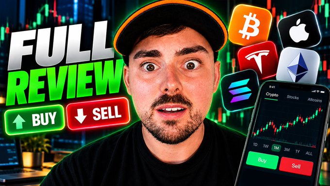 A surprised man in a black cap stands before a trading background, with "FULL REVIEW," green "BUY," and red "SELL" buttons displayed alongside icons of Bitcoin, Apple, Tesla, Ethereum, and Solana, and a phone showing a crypto chart with "Buy" and "Sell" options—perfectly matching the post's call to watch the review.