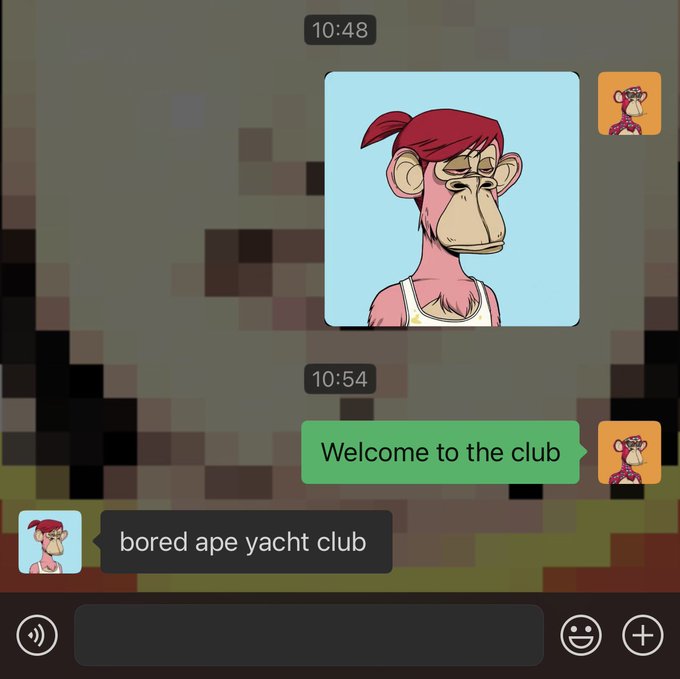 A chat interface mockup with a pixelated background showing a Bored Ape NFT character; the conversation reads 'bored ape yacht club' and 'Welcome to the club' with timestamps 10:48 and 10:54.