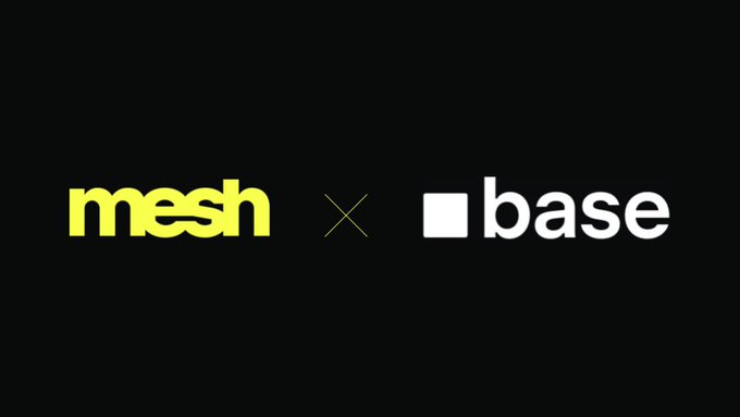 The image features a black background with two white words, "Mesh" and "Base", written in yellow. The text "We're expanding our integration with @base" is also present. This suggests that the image might be related to an advertisement or promotional material for a company named Base.