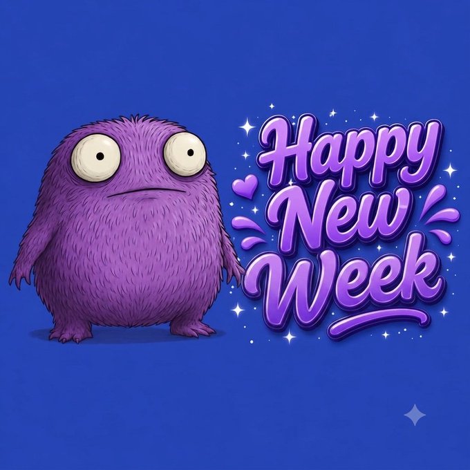 A purple furry cartoon monster stands on a blue background next to stylized text that reads 'Happy New Week' in a glowing purple font.
