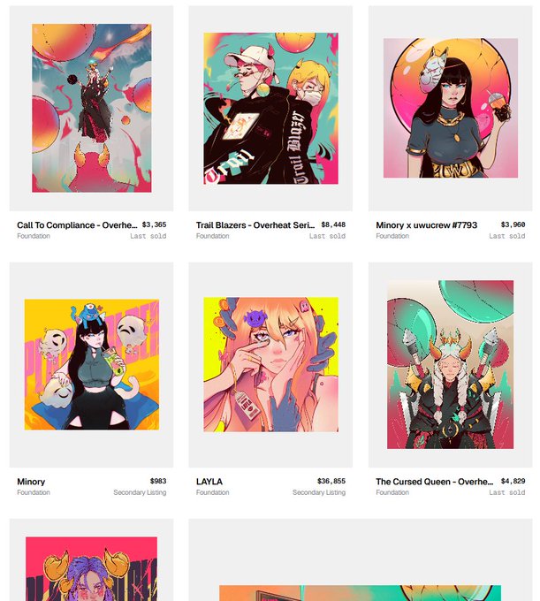 A screenshot of an NFT marketplace displaying six digital art pieces with titles and prices, including "Call To Compliance - Overhe..." at $3,365, "Trail Blazers - Overheat Seri..." at $8,448, "Minory x uwucrew #7793" at $3,969, "Minory" at $983, "LAYLA" at $36,855, and "The Cursed Queen - Overhe..." at $4,829.