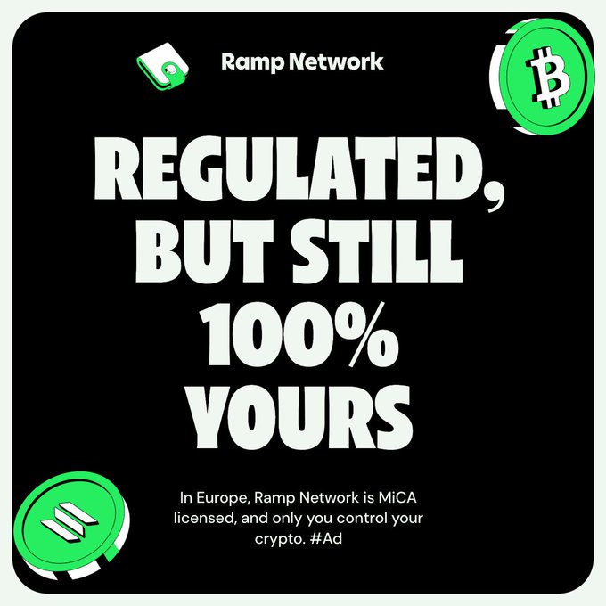 The image is a promotional ad for Ramp Network, featuring the bold text "REGULATED, BUT STILL 100% YOURS" alongside a Bitcoin coin graphic and the Ramp Network logo. A disclaimer at the bottom notes, "In Europe, Ramp Network is MiCA licensed, and only you control your crypto. #Ad," highlighting the service's compliance and self-custodial features as described in the accompanying post.