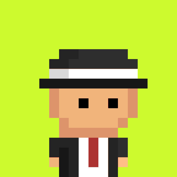 A pixel art character wearing a black fedora, suit, and red tie, set against a bright neon green background.