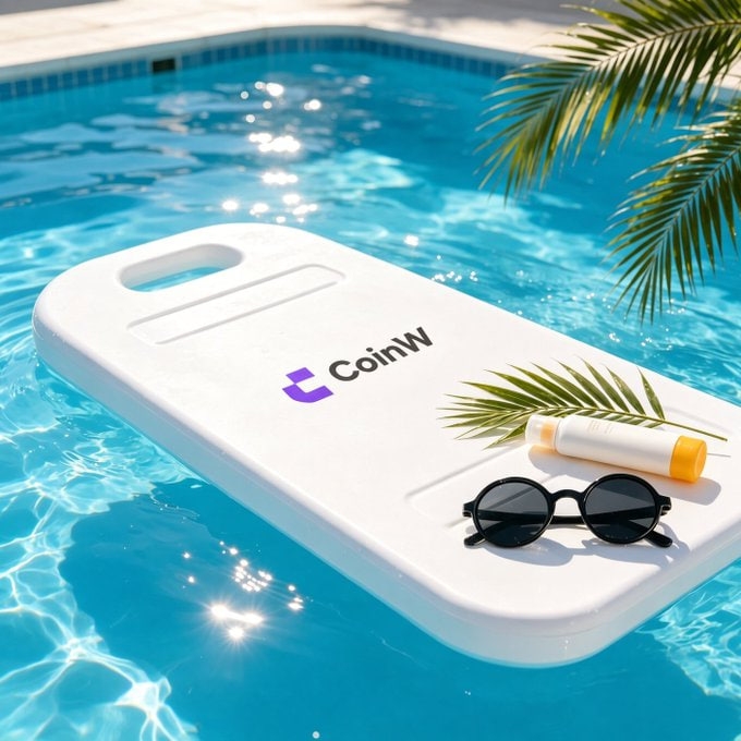 A white pool float with the 'CoinW' logo floats in a bright blue swimming pool, accompanied by sunglasses, sunscreen, and palm fronds.