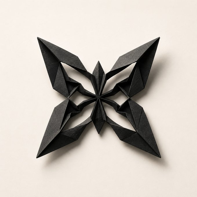 A black, geometric origami sculpture with a symmetrical, star-like design resting on a cream-colored surface.