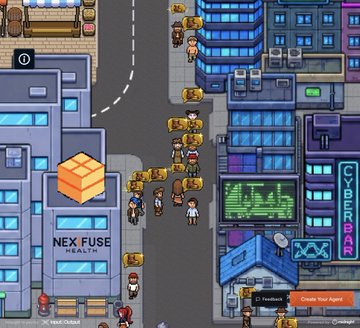A pixel-art cityscape titled "Midnight.City" features a long line of characters winding through a cyberpunk neighborhood past buildings labeled "NEX FUSE HEALTH" and "CYBER BAR," with selectable options like "Feedback," "Create New Agent," and "Change" at the bottom. The winding queue of players waiting to enter the "CYBER BAR" visually reinforces the post's theme of "selective disclosure"—suggesting that in this AI-agent simulator, not just anyone gets in, and what (or who) is admitted reveals only what users choose to disclose.