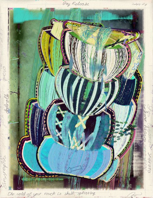 An abstract mixed-media artwork titled 'Joy Release' dated 2014, featuring layered shapes in turquoise, green, and purple with handwritten text.