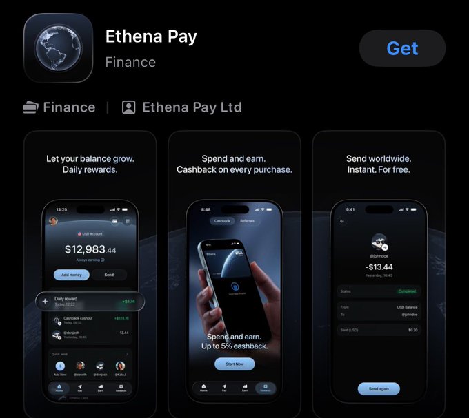 An app store listing for 'Ethena Pay' by 'Ethena Pay Ltd' in the Finance category, with screenshots advertising daily rewards, up to 5% cashback, and instant worldwide transfers.