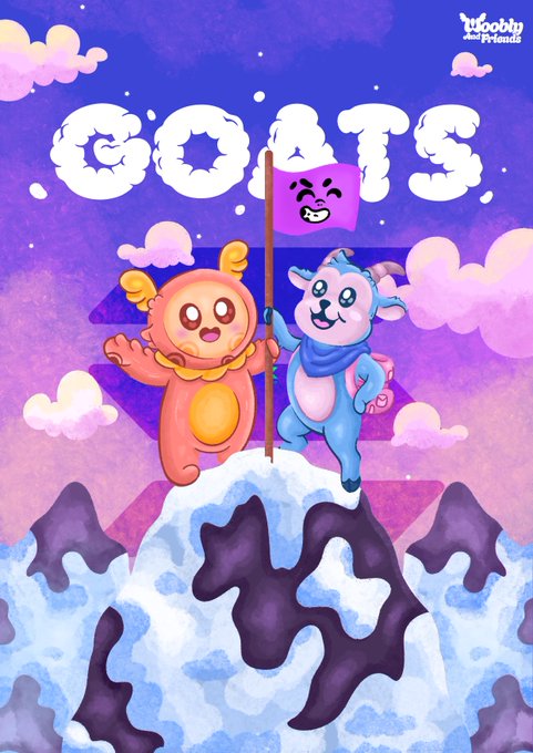 Colorful illustrated cover for 'GOATS' by Loopy and Friends, featuring cartoon goat characters standing on a snowy mountain peak with a purple cloudy sky background.
