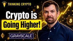 A thumbnail featuring a man in a dark blue shirt next to "THINKING CRYPTO" branding, with bold text reading "Crypto is Going Higher!" and the Grayscale logo, promoting an interview where Grayscale's Head of Research Zach Pandl discusses the CLARITY Act's potential impact on Bitcoin and altcoins.