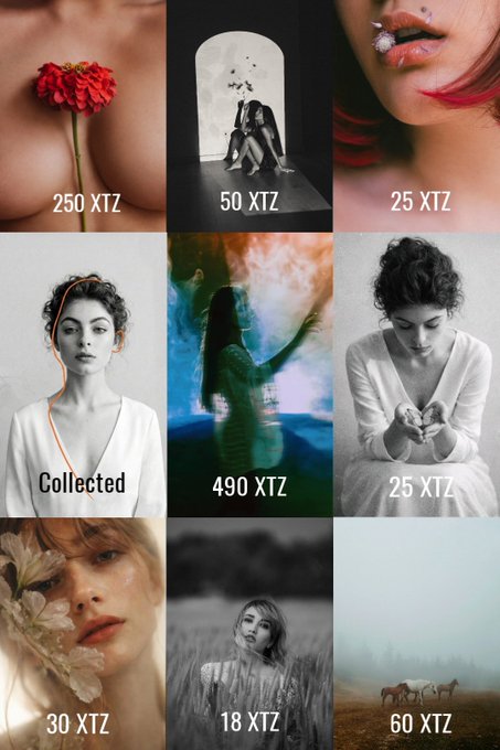 This image features a 3x3 grid showcasing various digital artworks, each labeled with a specific value in XTZ (ranging from 18 XTZ to 250 XTZ), with the center-left image marked "Collected."