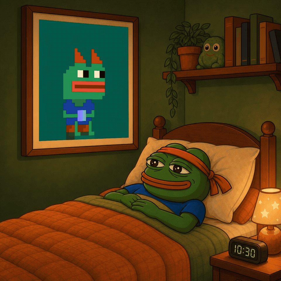 The image features a cartoon frog with a big smile sitting on top of an orange bedspread while wearing a blue shirt. The frog appears to be sleeping or resting comfortably. In front of the frog, there are two books placed next to each other, suggesting that this scene might take place in a bedroom setting. The post also includes text about "Gn faaam Sleeeep and HOOOOOODL", which could be a reference to the popular cartoon series "Gn faaam" or another similar show featuring a frog character.
