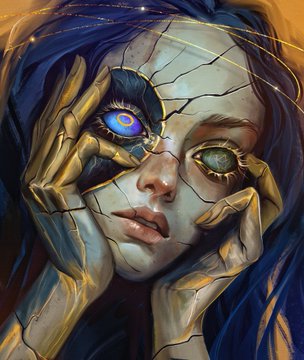 A cracked porcelain-faced android with glowing heterochromatic eyes—one electric blue, one emerald green—is being held by ornate golden hands, evoking themes of fragility, rebirth, and digital artistry that complement the artist's gratitude for art collectors purchasing their Objkt NFT works.