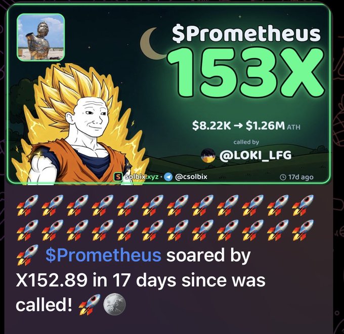 The image displays a call card from @csolbix's platform showing the ticker $Prometheus soaring 153x, going from $8.22K to $1.26M ATH after being called by @LOKI_LFG 17 days ago, accompanied by an anime character with spiky blonde hair and a Wade meme rocket on the description noting a 152.89x pump in 17 days since being called.